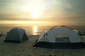 Tents on the beach at Sara's Campground, Erie, Pennsylvania.